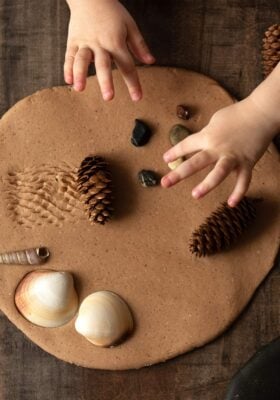 little hands playing with clay and various nature objects