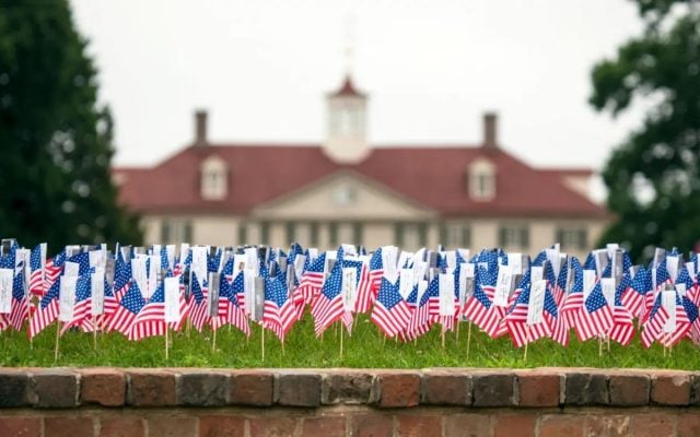 American flags in front of Mount Vernon