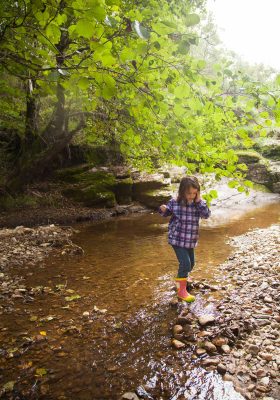 little girl playing in a stream on a hike