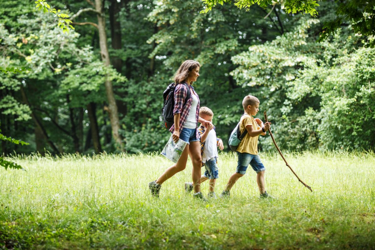 Mother and her little sons hiking.