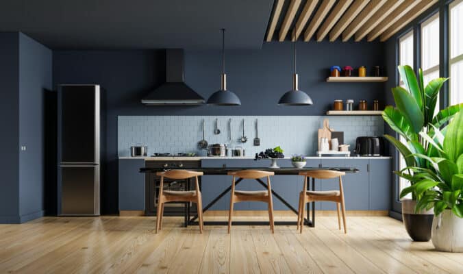 Modern style kitchen interior design with dark blue 