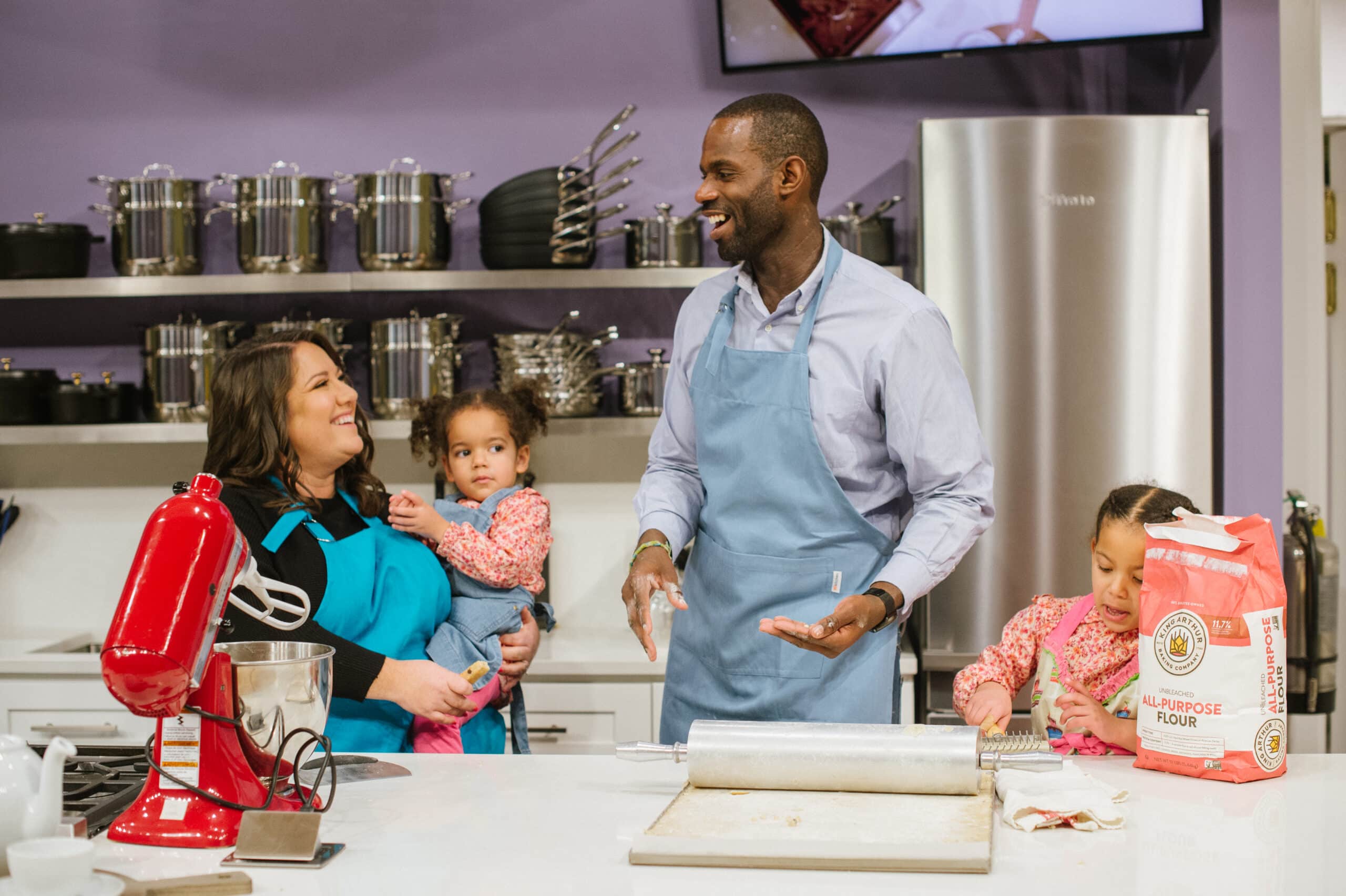 Allen family including mompreneur mom Laura making cookies in the Happy Cook kitchen in Charlottesville