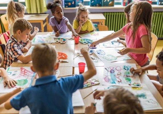 Children, students in art class
