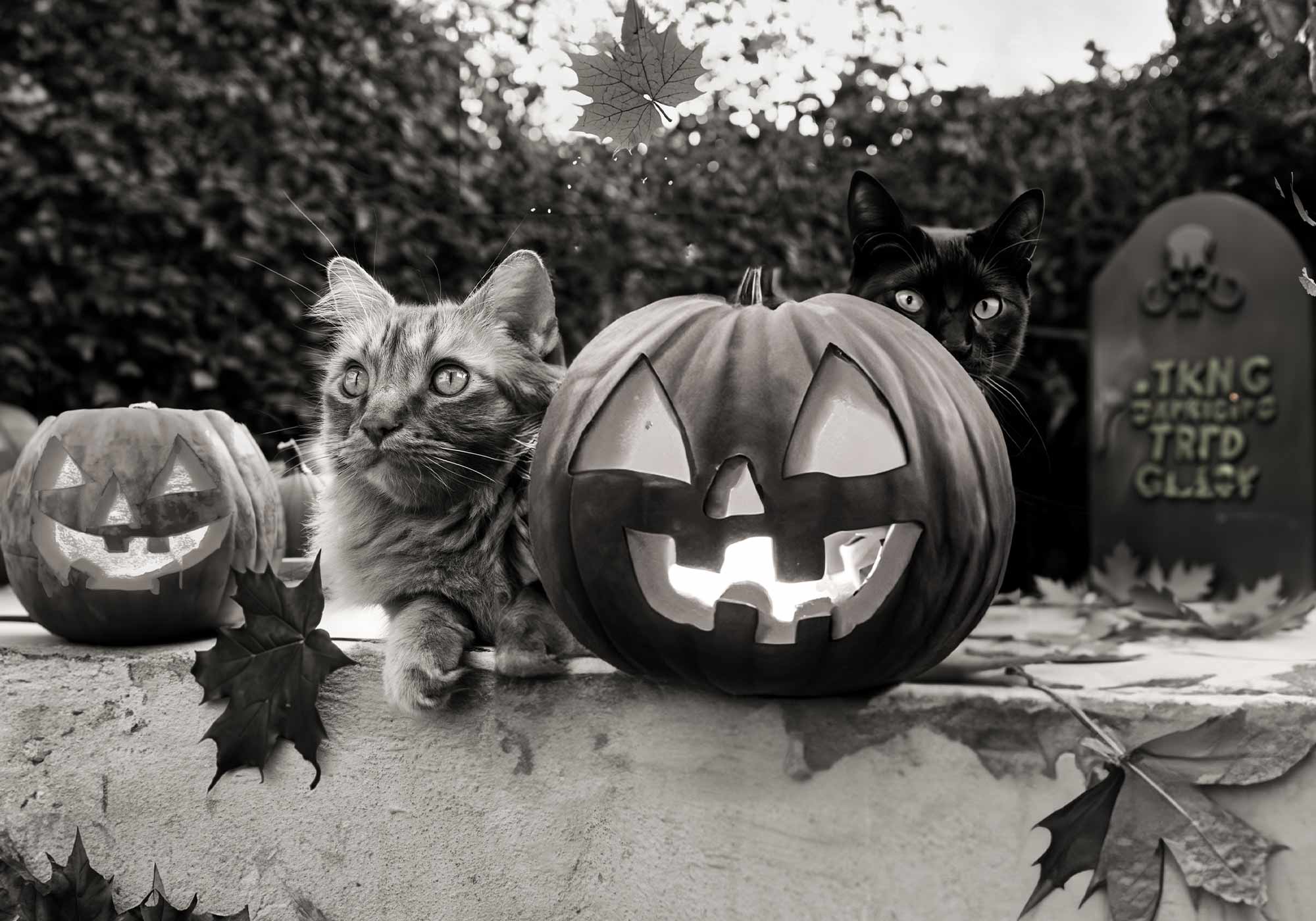 cat and jack-o-lantern at a Halloween haunted house
