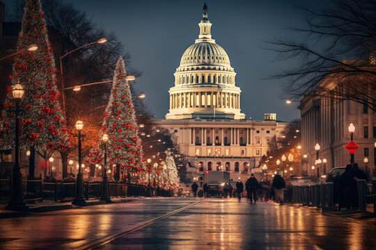 DC Holiday lights on the capitol building with Christmas tree