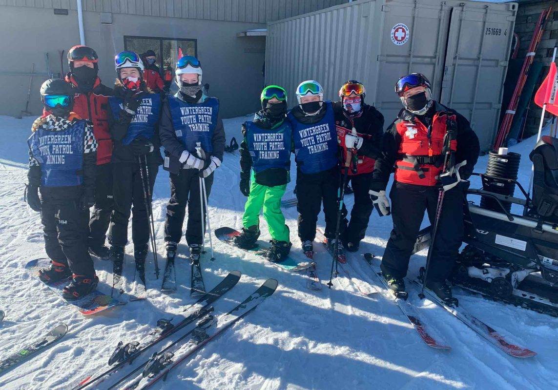 Wintergreen Ski Patrol, kids on skis in line awaiting instructions