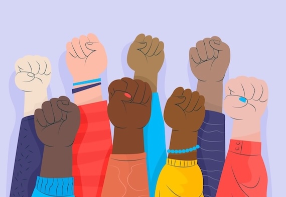 raised fists in diverse skin tones and colorful sleeves
