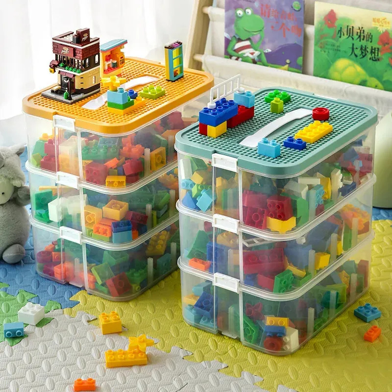 clever storage system for lego and duplo building blocks in clear bins with special block foundation lids. lego storage. duplo storage.