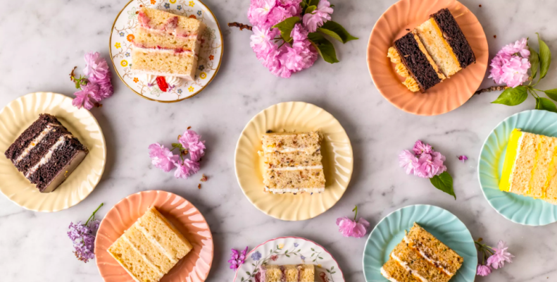 beautiful cake slices with colorful flowers